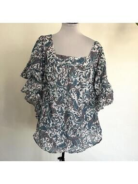 Terra & Sky 1XL Plus Size Paisley Square Neck Top Blue Ruffle Sleeve Cotton